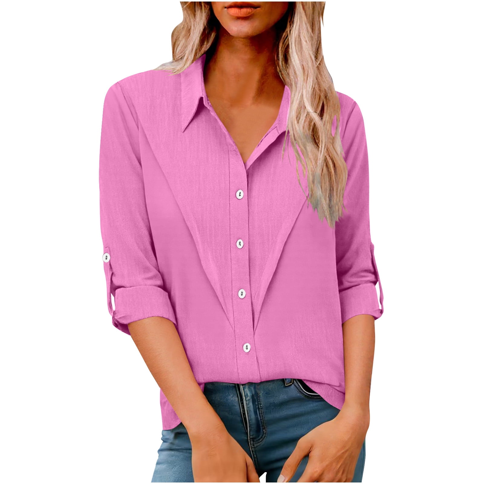 hotojiny Womens Button Down Shirt Lightweight Roll up Long Sleeve ...
