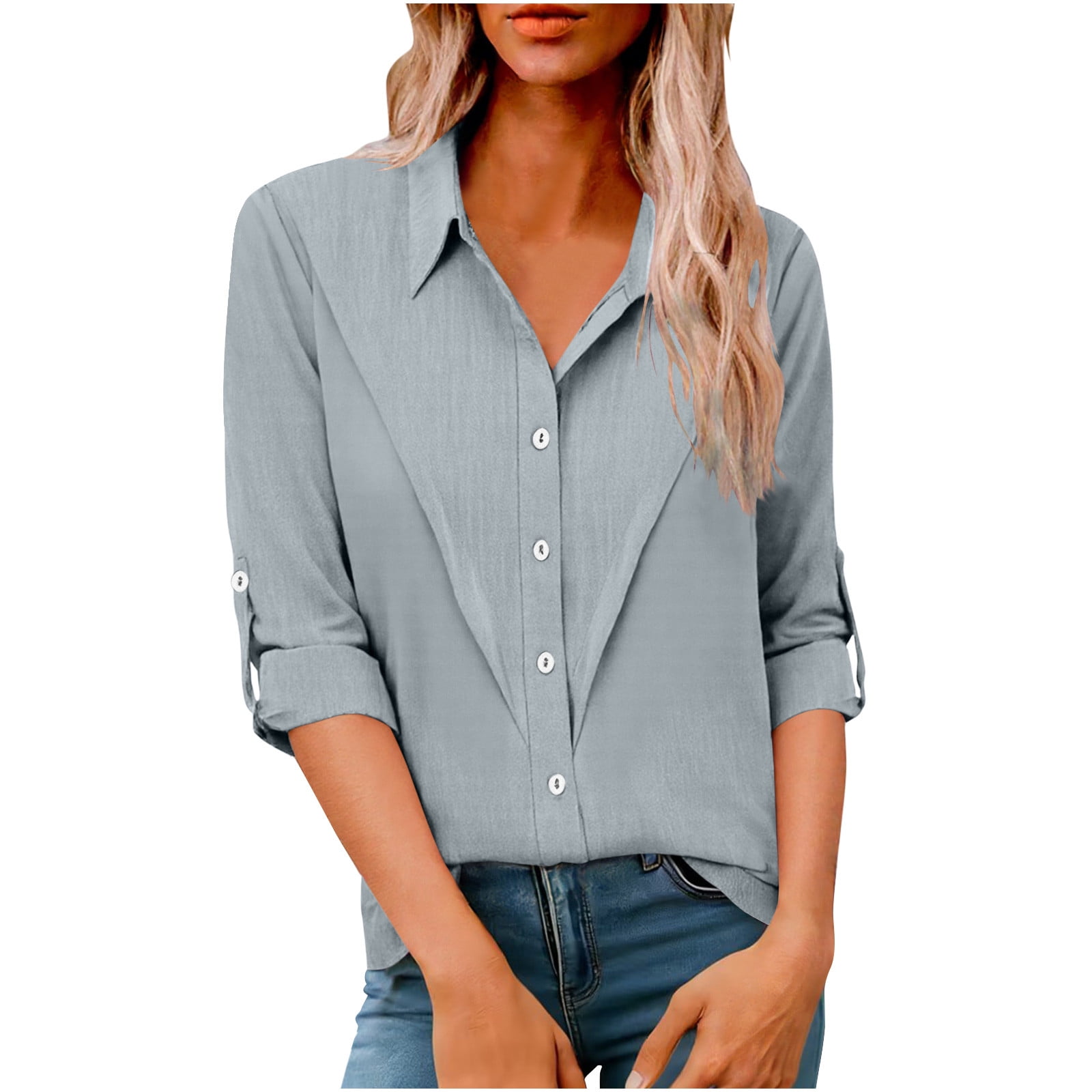 hotojiny Womens Button Down Shirt Lightweight Roll up Long Sleeve ...
