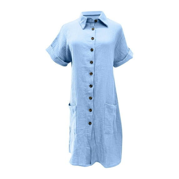 hotojiny Womens Button down Shirt Dress Summer Cotton Rolled Short Sleeve Mini Dress Casual Loose Tunic Dresses with Pockets