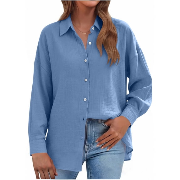 hotojiny Womens Button down Shirts Breathable Long Sleeve Shirt Casual Collared Blouses Loose Fit Work Office Tops