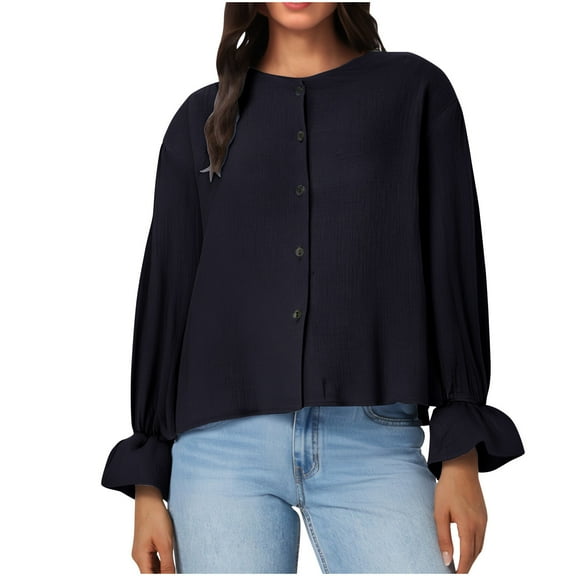 hotojiny Womens Button down Shirts Casual Long Sleeve Loose Tops Spring Fashion Lightweight Crewneck Blouse