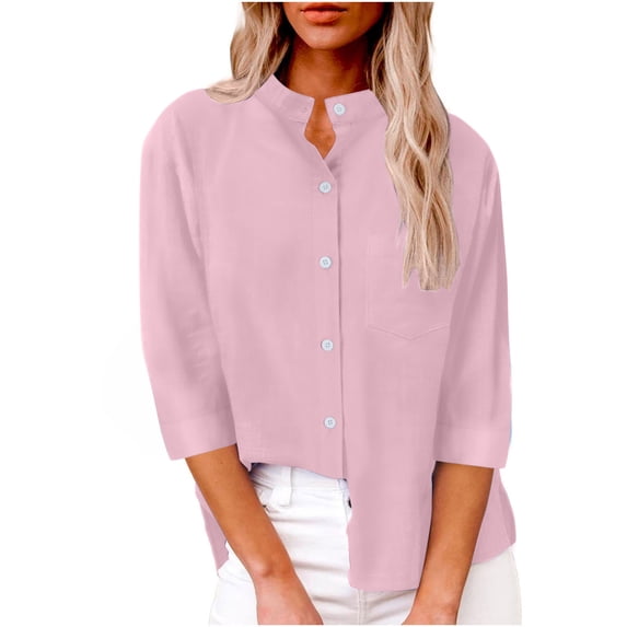 hotojiny Womens Button down Shirts Casual Stand Collar Solid Color Tshirts 3/4 Sleeve Loose Tops Fall