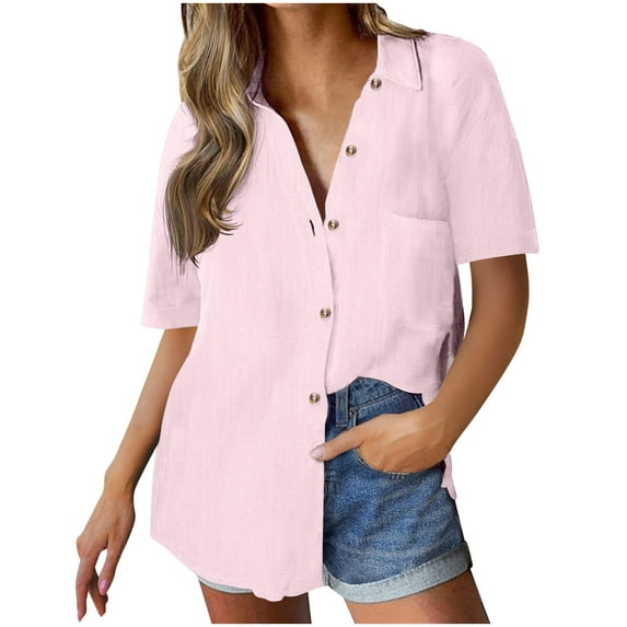 hotojiny Womens Button down Shirts Summer Cotton Linen Breathable Short Sleeve Blouses Loose Collared Oversized Tops with Pockets