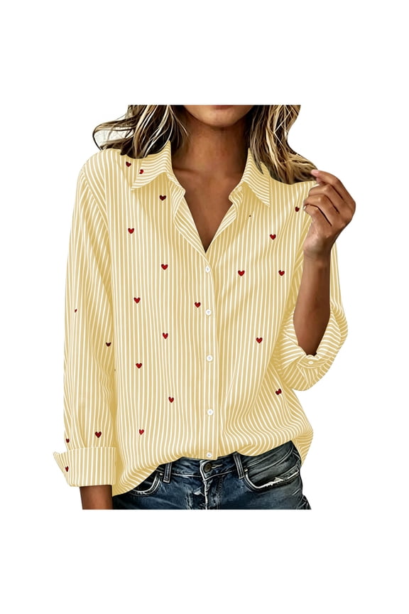 Womens Button down Shirts Trendy Long Sleeve Heart Tops Casual Striped Collared Spring Blouses Summer Clothing