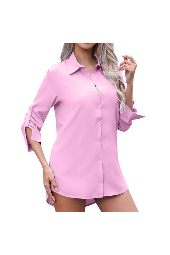 Womens Button down Shirts Work Office Laple Long/Roll up Sleeve Solid Color Tshirts Basic Tees Tops