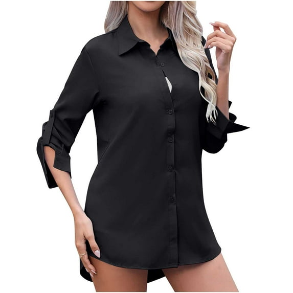 hotojiny Womens Button down Shirts Work Office Laple Long/Roll up Sleeve Solid Color Tshirts Basic Tees Tops