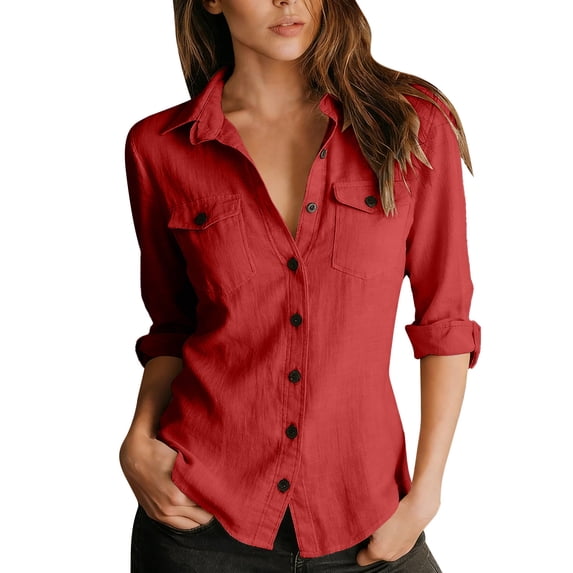 hotojiny Womens Cargo Shirts Long Sleeve Button down Shirts Casual Work Tops Cowgirl Western Daily Outfits for Outdoor Hiking