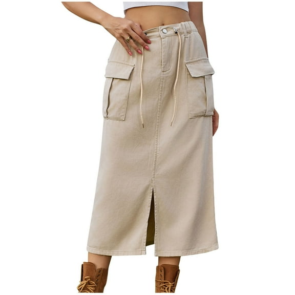 hotojiny Womens Cargo Skirts Casual High Waist Button Drawstring Denim Skirt Vintage Split Front Midi Jean Skirt with Pockets