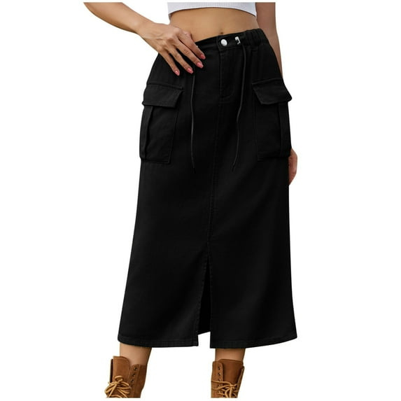 hotojiny Womens Cargo Skirts Casual High Waist Button Drawstring Denim Skirt Vintage Split Front Midi Jean Skirt with Pockets