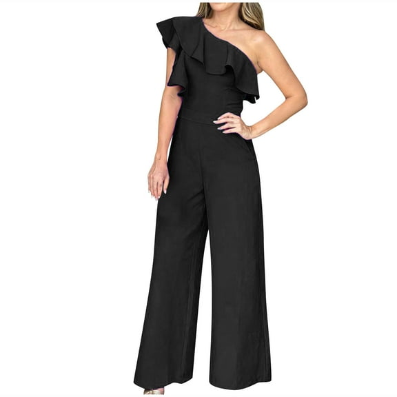 hotojiny Womens Casual Jumpsuits One-Shoulder Sleeveless Ruffle Elegant Romper Wide Leg Overalls Party Clubwear