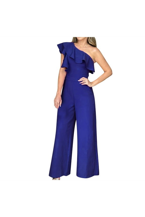 Womens Casual Jumpsuits One-Shoulder Sleeveless Ruffle Elegant Romper Wide Leg Overalls Party Clubwear