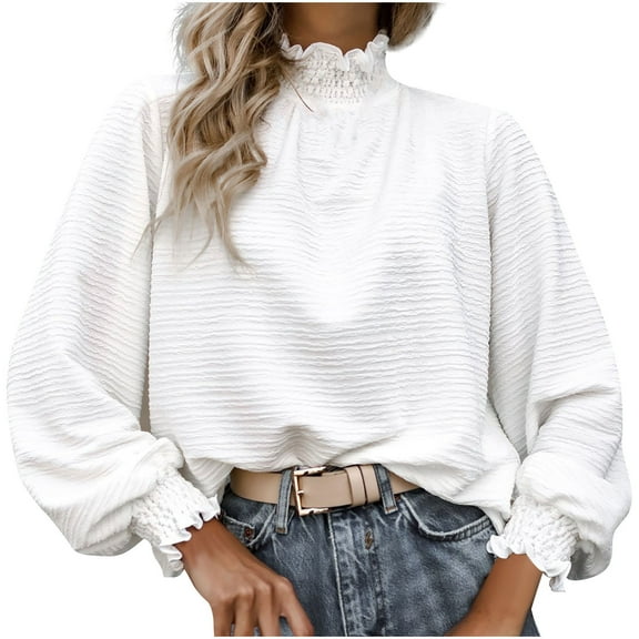 hotojiny Womens Clothes Fall Tops for Women 2023 Long Sleeve Solid T Shirts Ruffle Turtleneck Casual Work Shirts Dressy Comfy Tunic Blouse