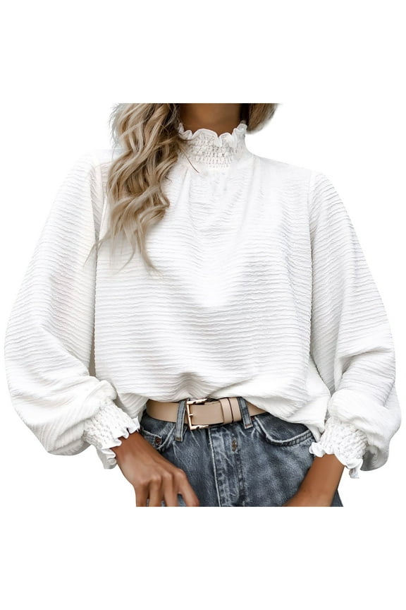Womens Clothes Fall Tops for Women Long Sleeve Solid T Shirts Ruffle Turtleneck Casual Work Shirts Dressy Comfy Tunic Blouse