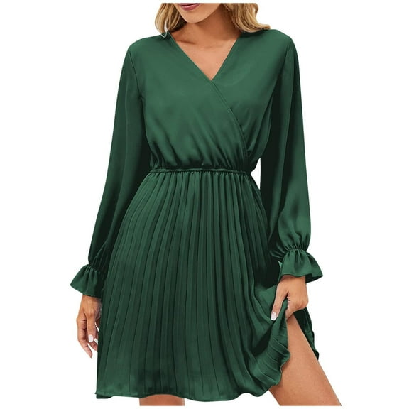hotojiny Womens Cocktail Dresses Summer Trendy Long Sleeve Pleated Dress Elegant V Neck Casual Party Dress