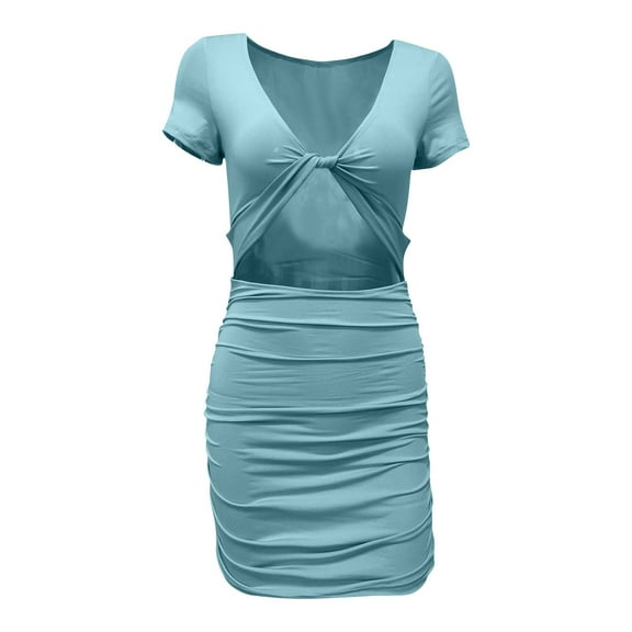 hotojiny Womens Cocktail Party Dresses Trendy Short Sleeve V Neck Cut out Mini Dress Slim Ruched Pencil Dress Clubwear