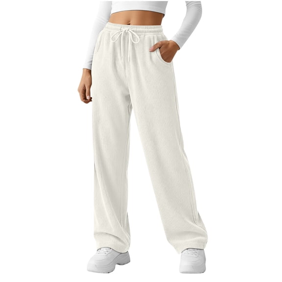 hotojiny Womens Corduroy Pants Casual Wide Leg Pants Baggy Trousers Drawstring Elastic Waist Fall Pants with Pockets