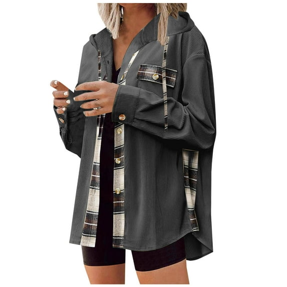 hotojiny Womens Corduroy Shacket Jacket Plaid Long Sleeve Button Down Shirts Fall Winter Hoodie Coats with Pockets