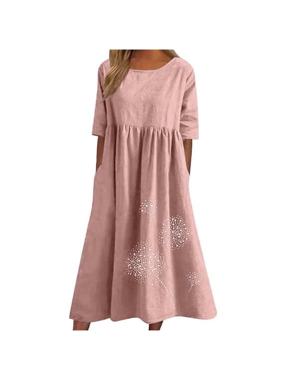 Womens Cotton Linen Dresses Casual Loose Fit Crew Neck Half Sleeve Sundress Casual Pleated Flowy Long Dress for Travel Beach