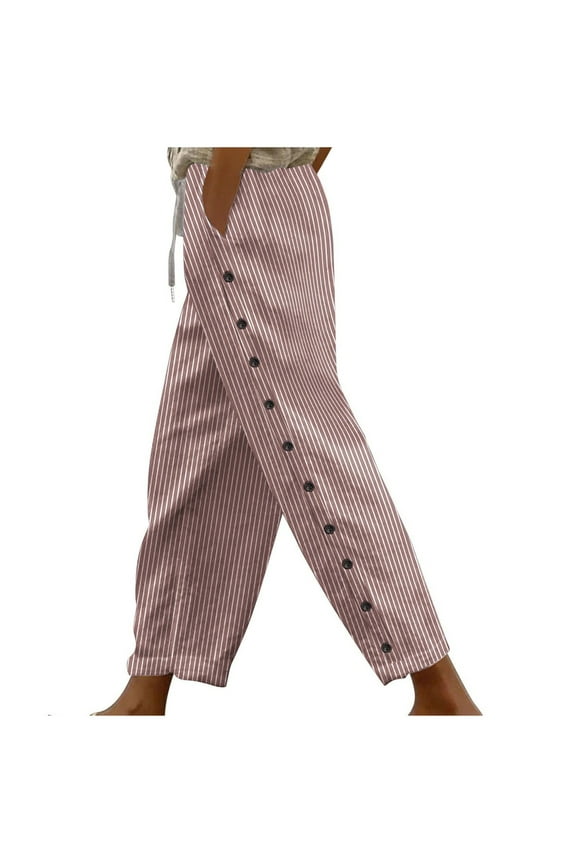 Womens Cotton Linen Pants Elastic Waisted Drawstring Casual Trousers Wide Leg Loose Travel Beachwear with Pockets