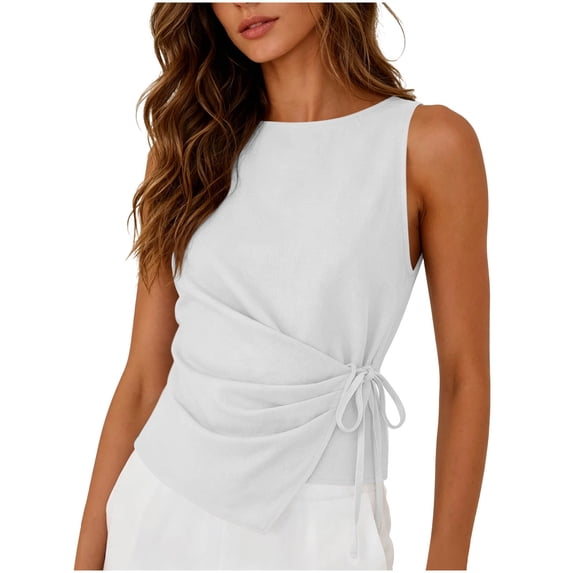 hotojiny Womens Cotton Linen Tops Summer Tie Waist High Neck Elegant Blouses Business Dressy Sleeveless Shirts Work Outfits
