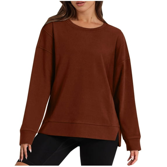 hotojiny Womens Crew Neck Casual Sweatshirts Long Sleeve Side Split Loose Tops Fall Fashion Clothes Outfits