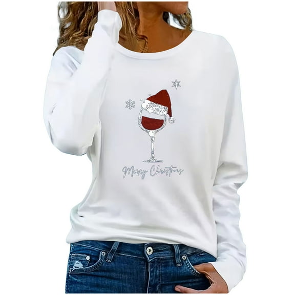 hotojiny Womens Crewneck Shirt Plus Size Merry Christmas Long Sleeve Tops Casual Loose Fit Crew Neck Fall Tshirts Clothes