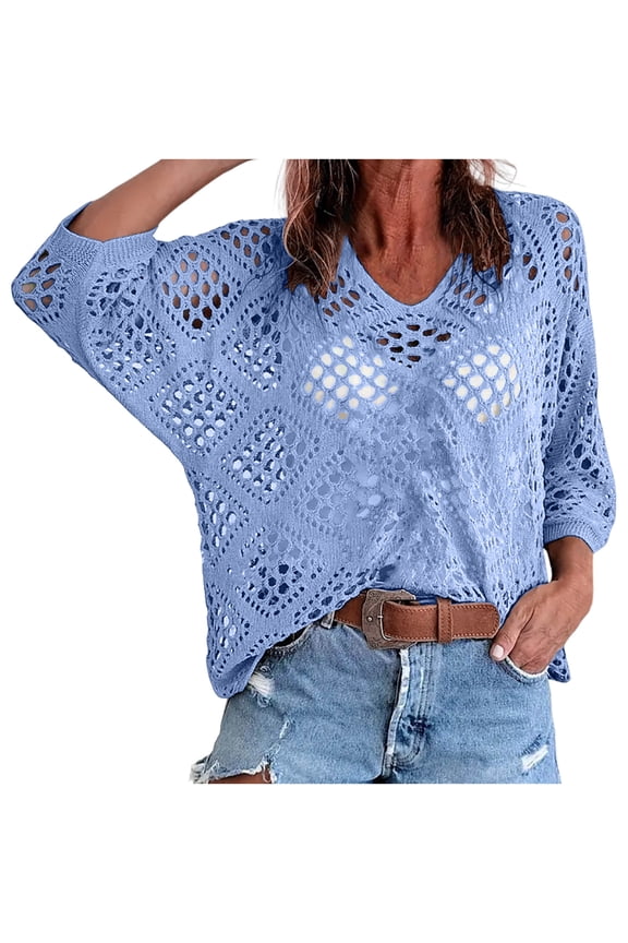 Womens Crochet Cover up Top Summer 3/4 Sleeve V Neck Shirts Fashion Hollow out Boho Beach Swimsuit Coverup