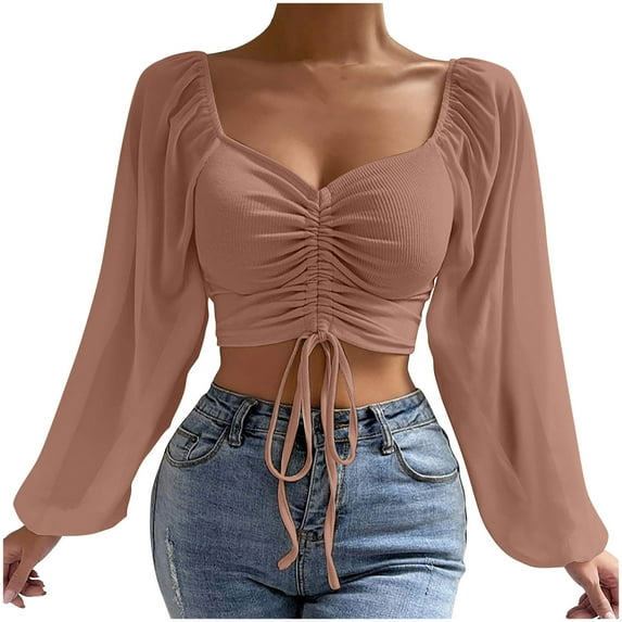 hotojiny Womens Crop Tops Deep V Neck Long Lantern Sleeve Blouse Drawstring Front Ruched Solid Pullover Shirts