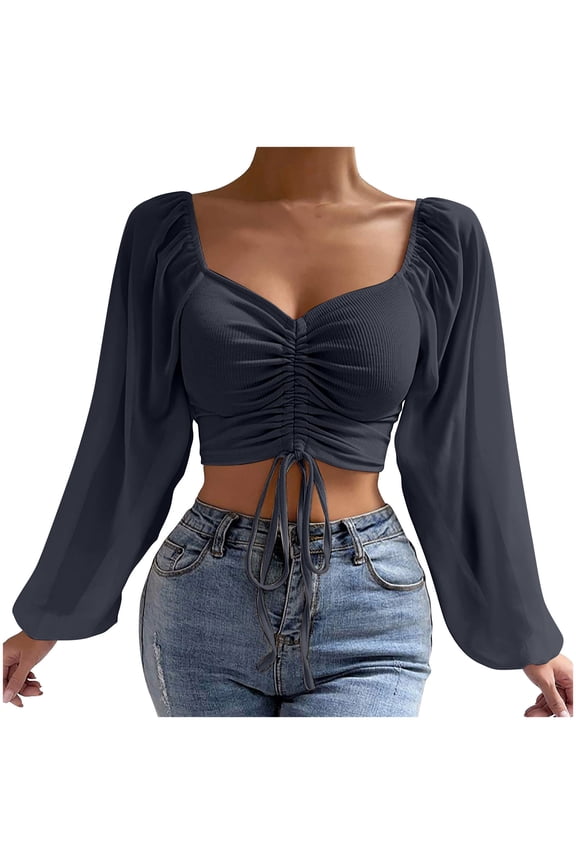 Womens Crop Tops Deep V Neck Long Lantern Sleeve Blouse Drawstring Front Ruched Solid Pullover Shirts