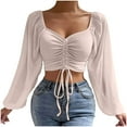 thumbnail image 1 of hotojiny Womens Crop Tops Deep V Neck Long Lantern Sleeve Blouse Drawstring Front Ruched Solid Pullover Shirts, 1 of 7