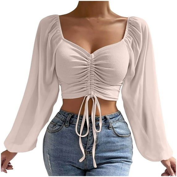 hotojiny Womens Crop Tops Deep V Neck Long Lantern Sleeve Blouse Drawstring Front Ruched Solid Pullover Shirts