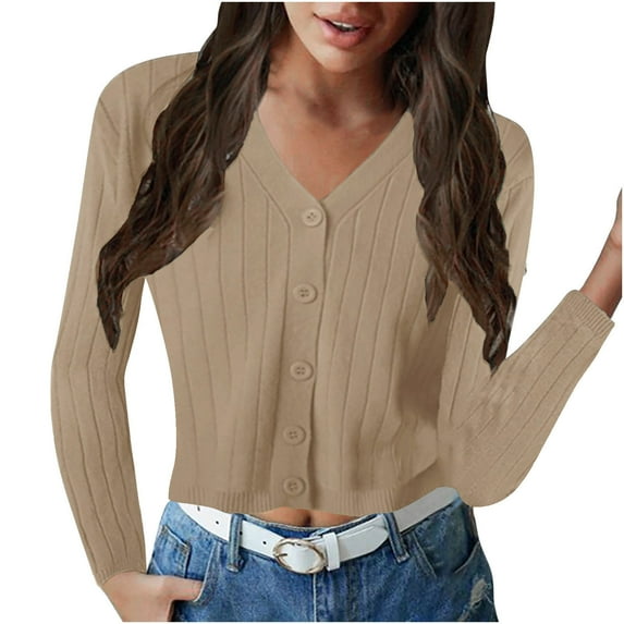 hotojiny Womens Cropped Cardigan V Neck Long Sleeve Going Out Slim Tops Button Down Ribbed Knit Sweaters
