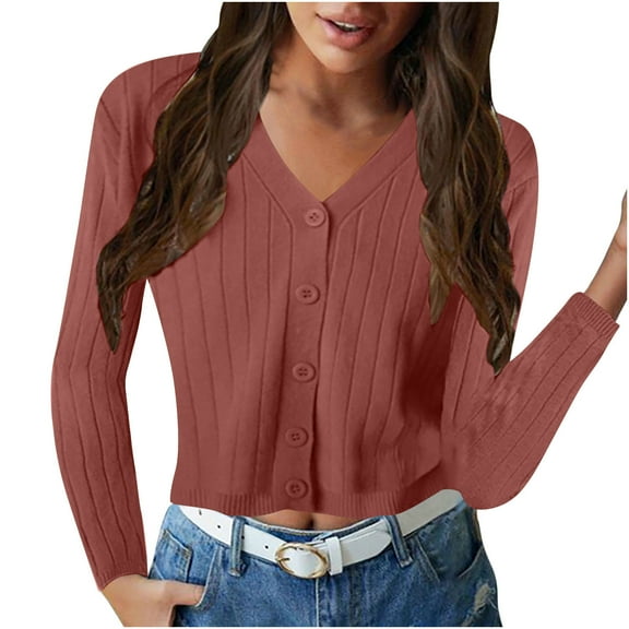 hotojiny Womens Cropped Cardigan V Neck Long Sleeve Going Out Slim Tops Button Down Ribbed Knit Sweaters