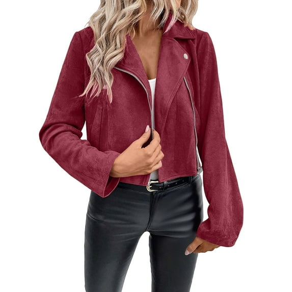 hotojiny Womens Cropped Jacket Fashion Zip up Lightweight Windbreaker Coat Long Sleeve Motorcycle Biker Coat Outwear with Pockets