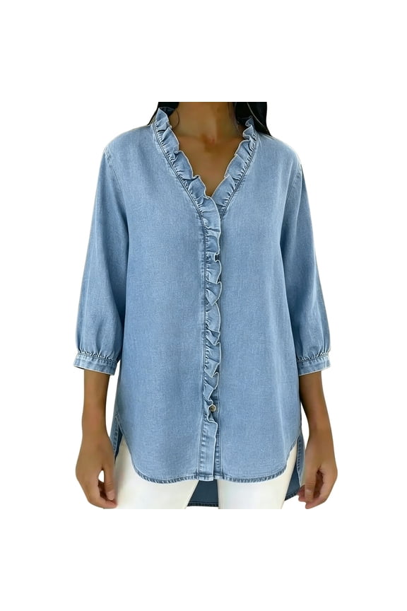 Womens Denim Shirt Business Casual Button Down Work Blouses Chambray 3/4 Sleeve Ruffle Tunic Tops Summer Jean Shirt
