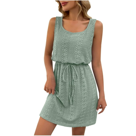 hotojiny Womens Dresses Casual Scoop Neck Hollow out Boho Beach Dresses Summer Sleeveless Textured Drawstring Waist Tank Dress