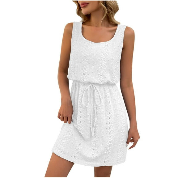 hotojiny Womens Dresses Casual Scoop Neck Hollow out Boho Beach Dresses Summer Sleeveless Textured Drawstring Waist Tank Dress