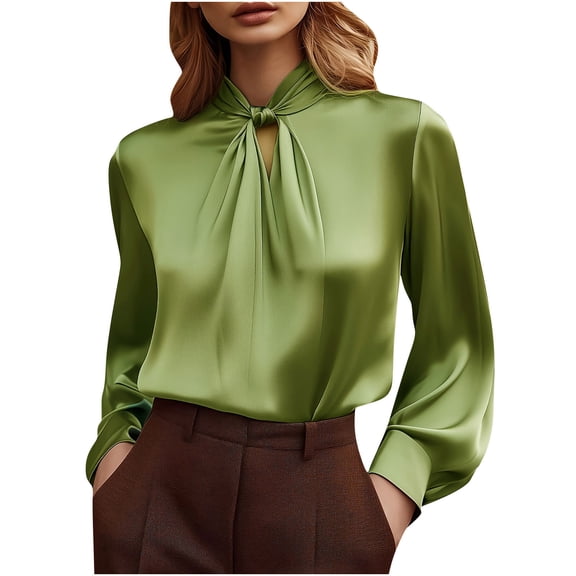 hotojiny Womens Dressy Business Casual Blouse Silk Satin Keyhole Twist Tops Lantern Long Sleeve Elegant Office Work Shirt