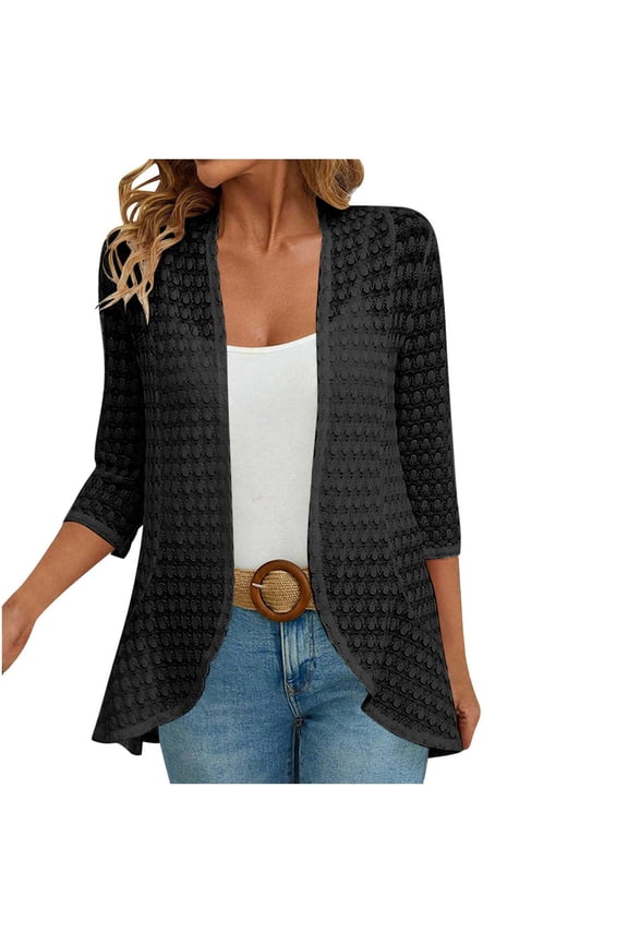 Womens Fall Cardigan Knit Hollowed out 3/4 Sleeve Cover up Fashion Lightweight Solid Color Open Front Outwear