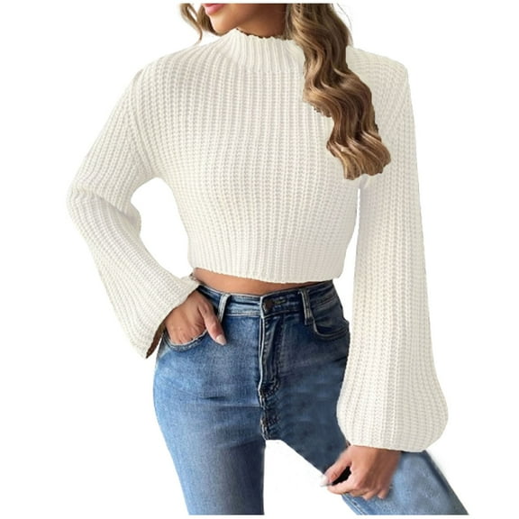 hotojiny Womens Fall Cropped Sweaters Mock Neck Casual Pullover Tops Long Sleeve loose Ribbed Knit Sweater
