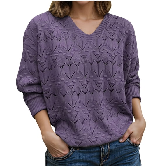 hotojiny Womens Fall Sweaters Lightweight Casual Long Sleeve Crochet Knit Pullover Loose Hollow out Tops Vaction Clothing S-Xl