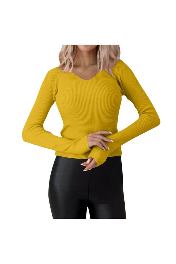 Womens Fall Winter Tops Long Sleeve Lightweight Ribbed Knit T Shirts Casual V Neck Slim Base Layer