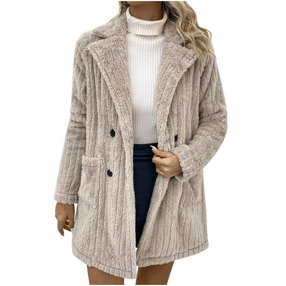 hotojiny Womens Fleece Jackets Oversized Long Sleeve Fuzzy Coats Lapel Collar Button Warm Solid Outwear with Pockets