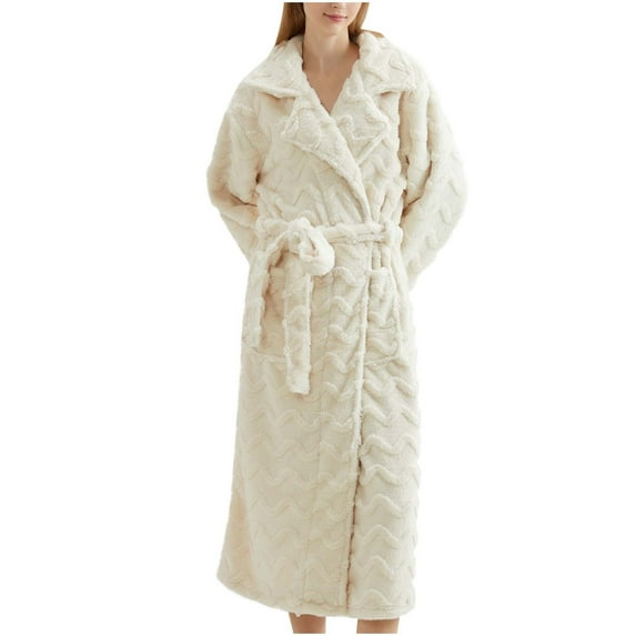 hotojiny Womens Fleece Robes Warm Plush Flannel Bathrobe Lapel Long Sleeve Cozy Sleepwear Long Housecoat with Pockets