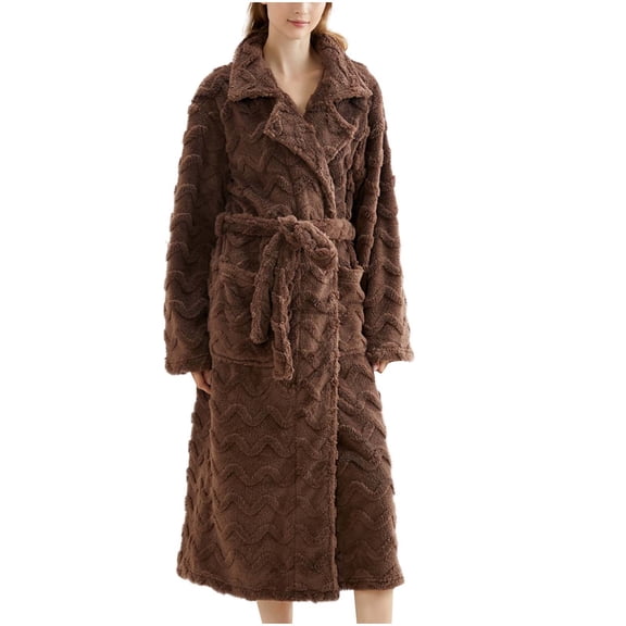 hotojiny Womens Fleece Robes Warm Plush Flannel Bathrobe Lapel Long Sleeve Cozy Sleepwear Long Housecoat with Pockets