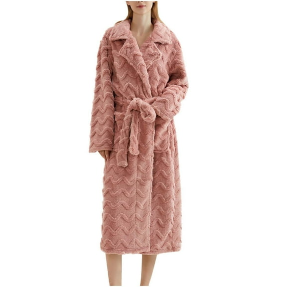 hotojiny Womens Fleece Robes Warm Plush Flannel Bathrobe Lapel Long Sleeve Cozy Sleepwear Long Housecoat with Pockets