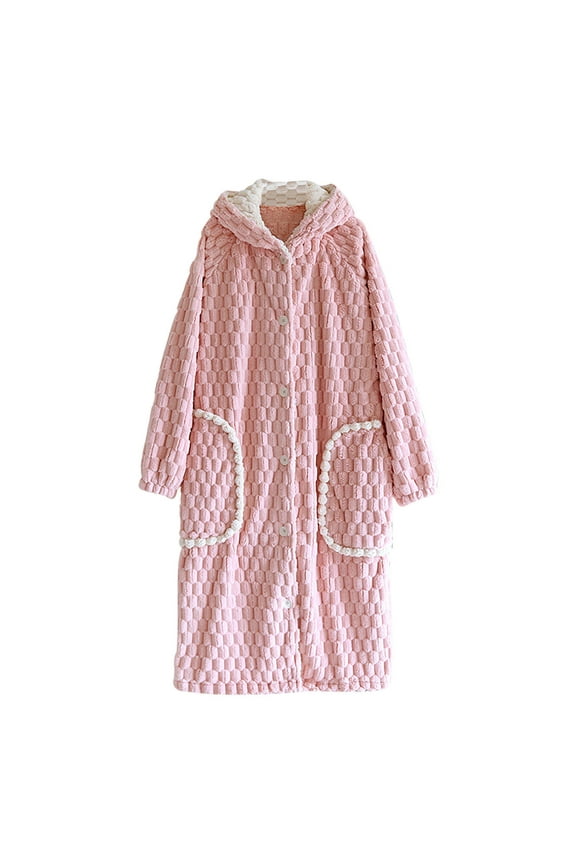 Womens Fleece Warm Robe Cozy Flannel Sleepwear Lightweight Button Down Bathrobe Plush Winter Housecoat Hooded Nightgown