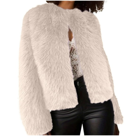 hotojiny Womens Fuzzy Cropped Jacket Long Sleeve Fleece Open Front Short Coat Fall Winter Warm Outerwear