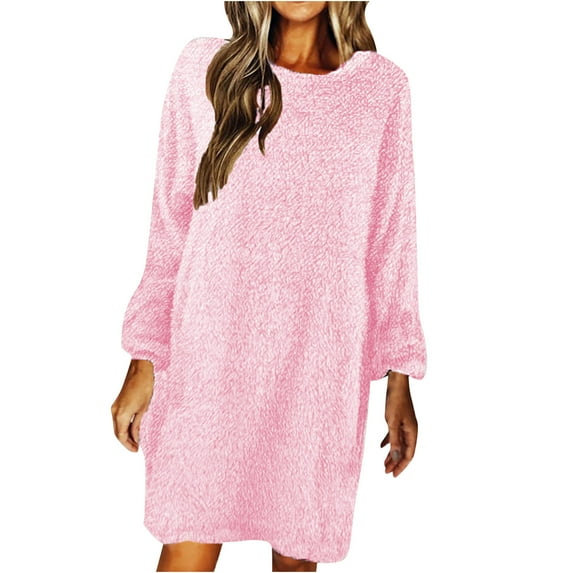 hotojiny Womens Fuzzy Sherpa Fleece Long Sweaters Casual Crewneck Pullover Dress Sweatshirts Casual Loose Cozy Winter Loungewear