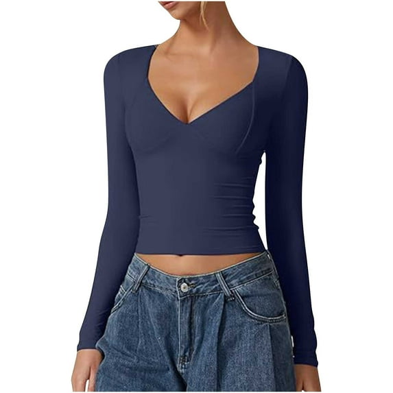 hotojiny Womens Going Out Tops Fashion Long Sleeve Cropped Shirts Slim V Neck Stretchy Solid Color T Shirt